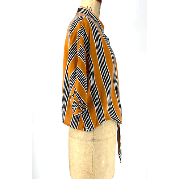 Polly & Esther Orange Striped Boxy Short Sleeve Tie Front Shirt Size Large L - Picture 8 of 9